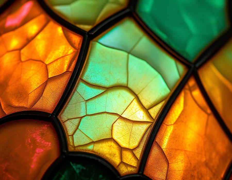 Macro detail of iridescent favrile glass with lead came seams