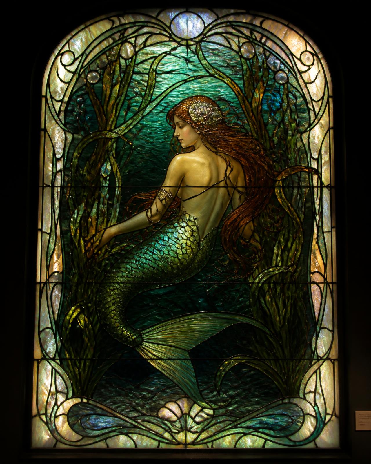 Tiffany Studios leaded favrile glass window depicting a mermaid among kelp